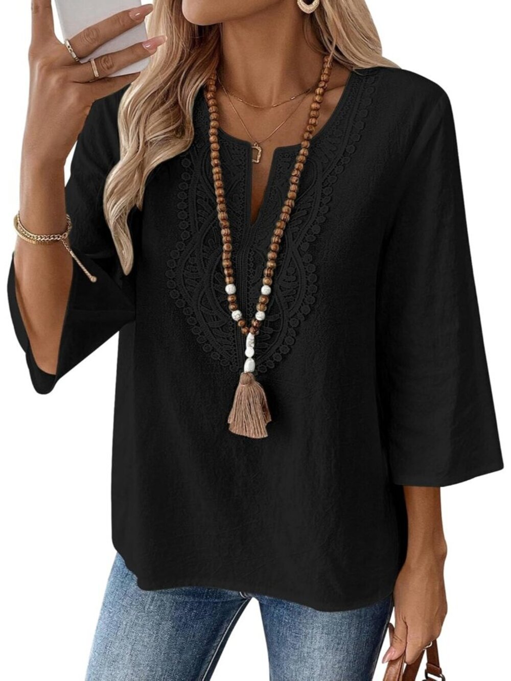 Women's Black V Neck Pull On Loose Fit Blouses Sleeve Top Cotton Linen Shirt